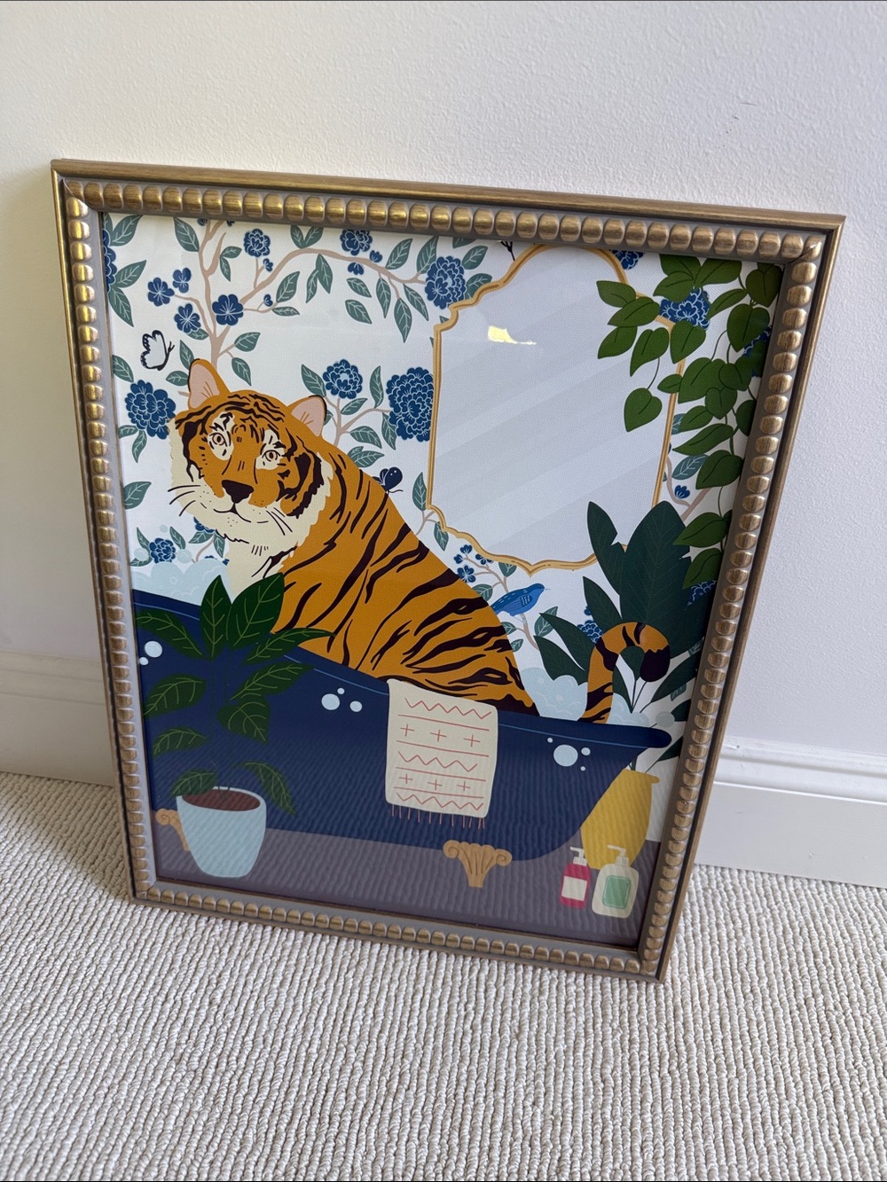 Tiger Bath Art Print - Gold Frame